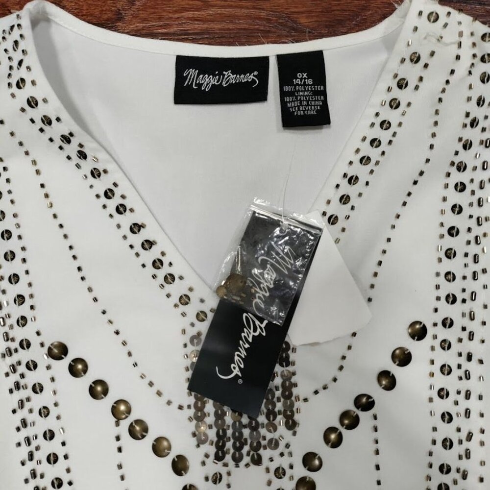 Maggie Barnes White Beaded Whimsy Artsey Lagenlook Gauzy Boho Mini Dress 14,NWT - Picture 6 of 10